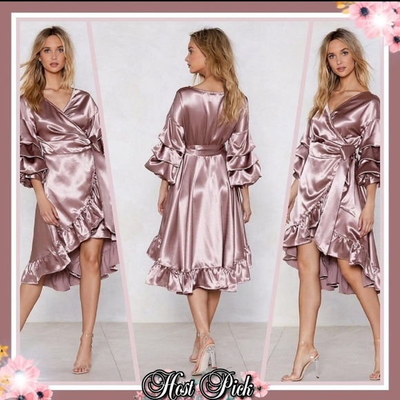 High Low Wrap Dress – Nasty Gal – Rose Blush – Statement Sleeve Satin Ruffle Hem - Picture 9 of 12
